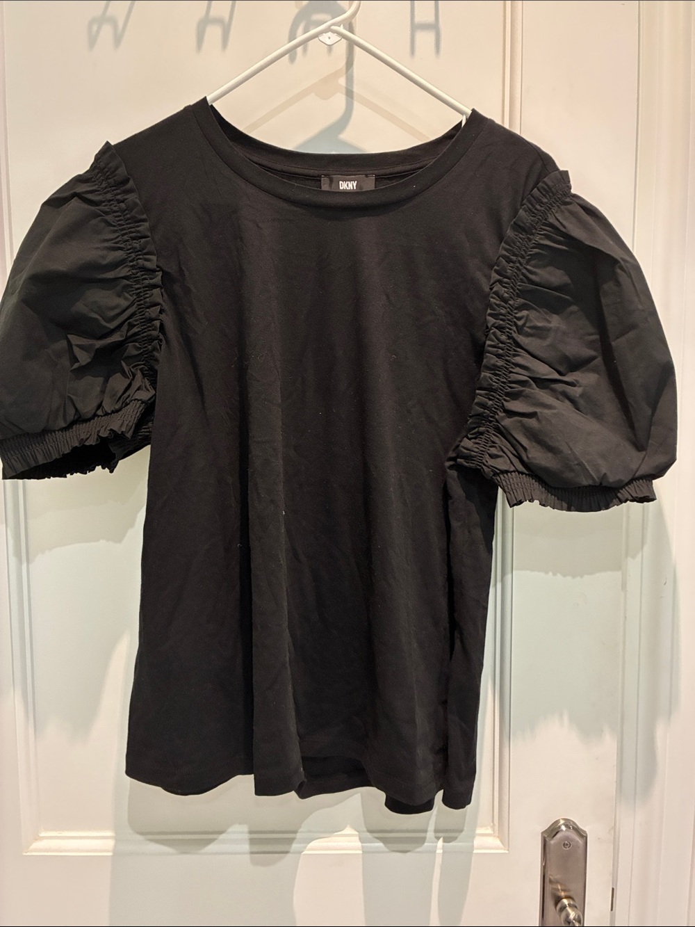 DKNY NWT Black Ruched Volume Puff Short Sleeve Top Tee Style P4AHRWMY XL 👵MT